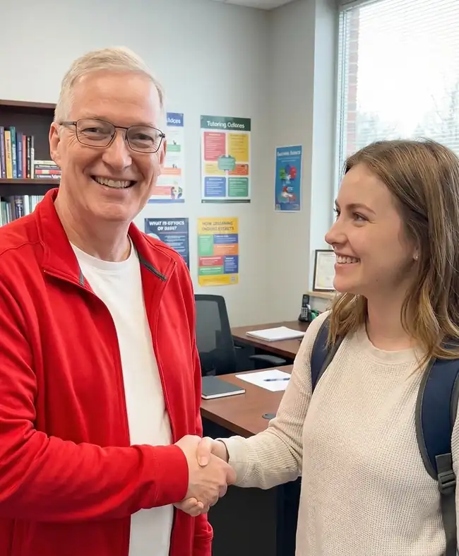 GRE student shaking hands with Dr. Donnelly after a tutoring session